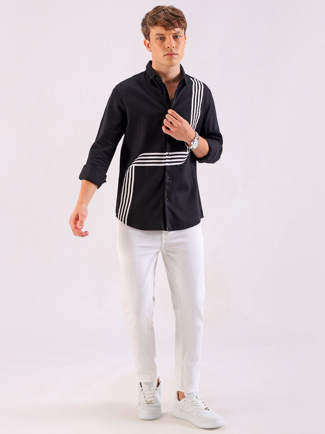 The Indian Garage Co Slim Fit Striped Band Collar Cotton Casual Shirt