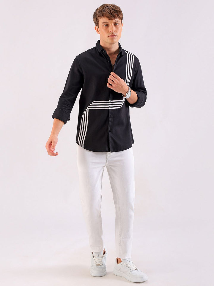 The Indian Garage Co Slim Fit Striped Band Collar Cotton Casual Shirt