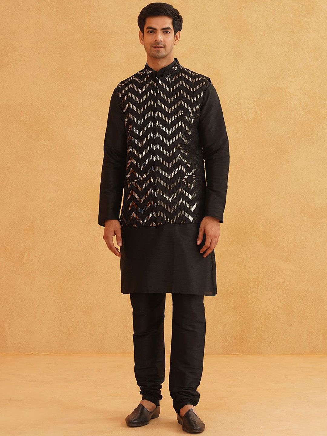 SOJANYA Band Collar Long Sleeves Regular Kurta With Churidar With Nehru Jacket