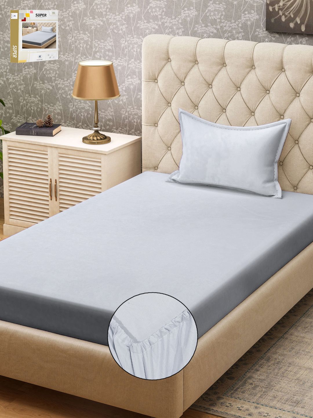 KLOTTHE Grey 300 TC Fitted Single Bedsheet & Pillow Covers