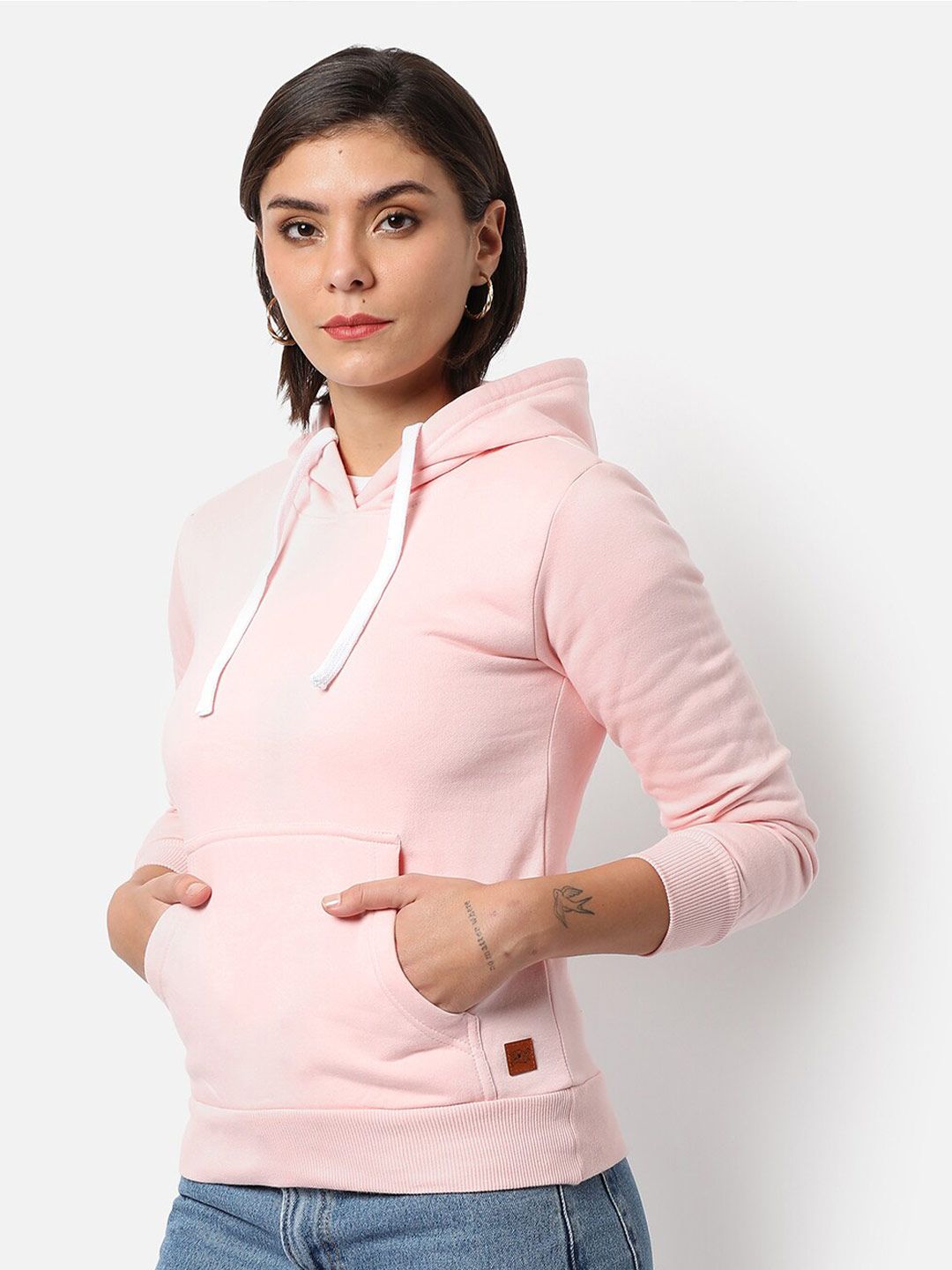 Kampus Sutra Wanita Pink Polid Hooded Pull Over Sweatshirt