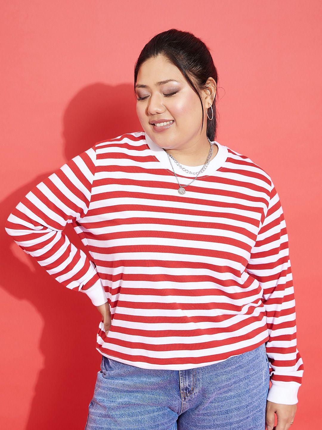 SASSAFRAS Curve Red Plus Size Striped Pullover Sweatshirt