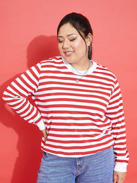 SASSAFRAS Curve Red Plus Size Striped Pullover Sweatshirt