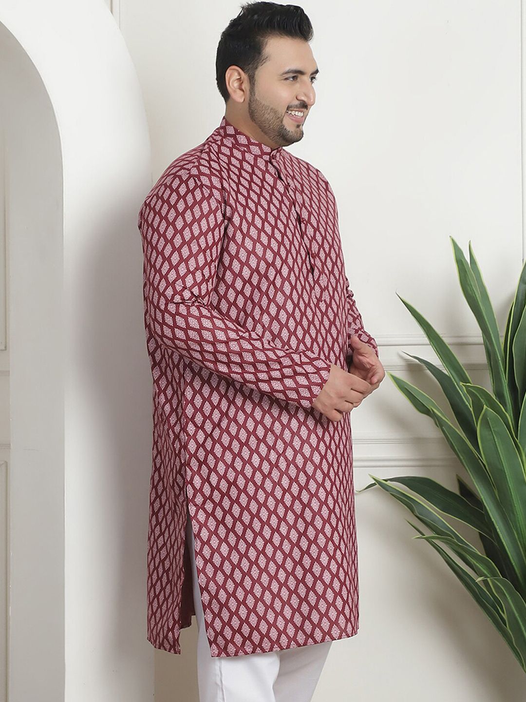 SOJANYA PLUS PLus Size Ethnic Motifs Printed Band Collar Long Sleeves Straight Kurta