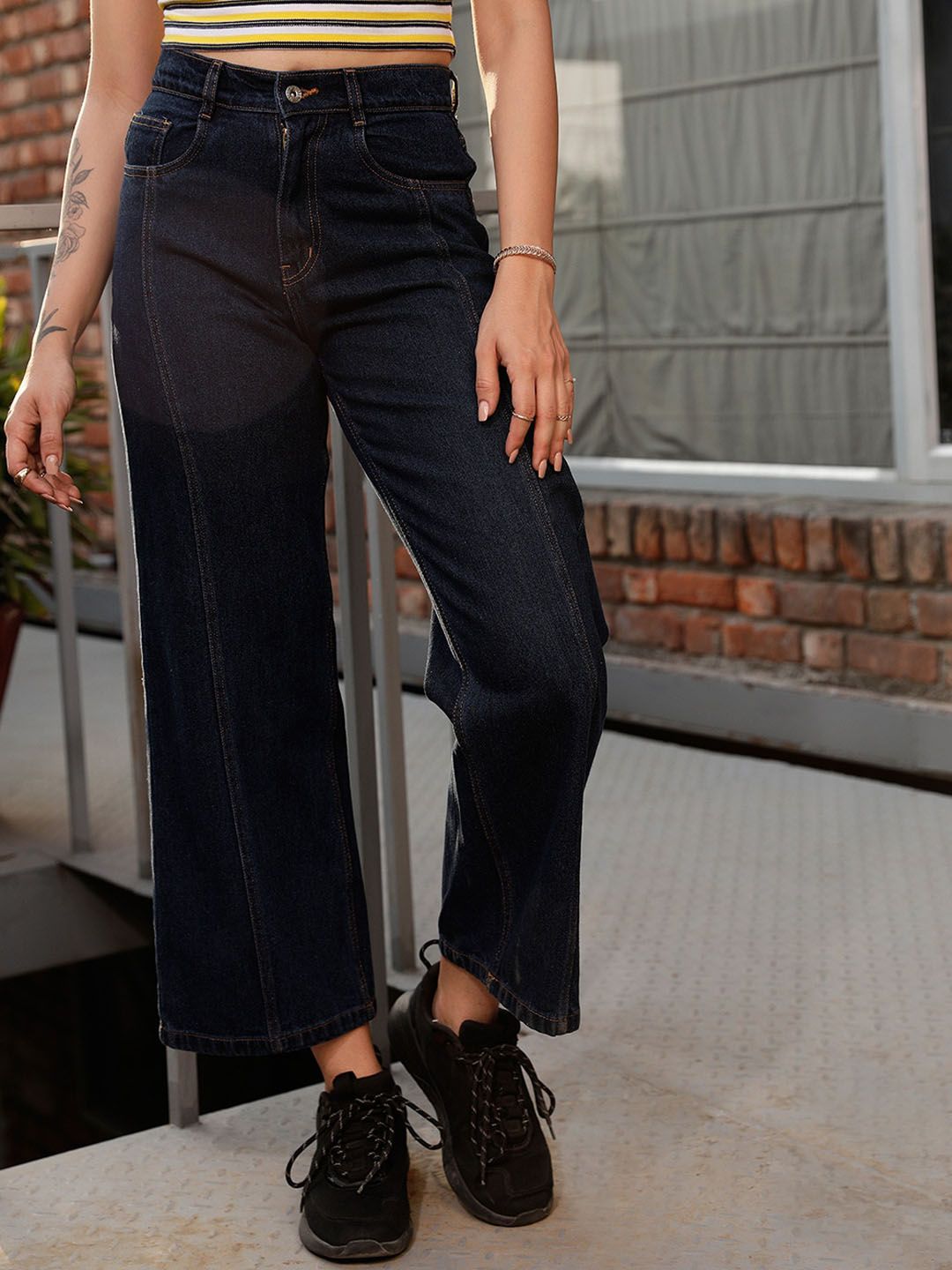 STREET 9 Women Blue Jean Wide Leg High-Rise Dark Shade Pure Cotton Jeans