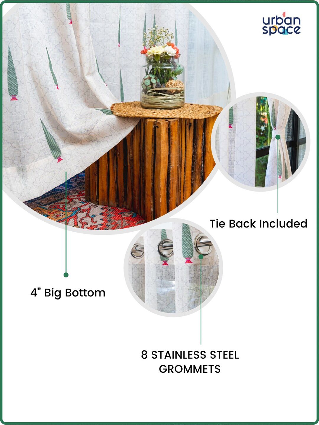 URBAN SPACE White & Green 2 Pieces Floral Printed Sheer Long Door Curtains