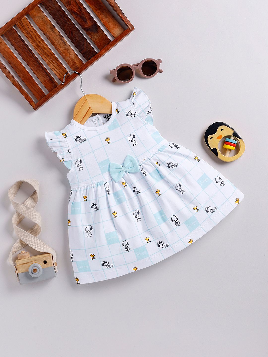 Happy Faces Girls Cotton Printed Flutter Sleeve Fit & Flare Dress