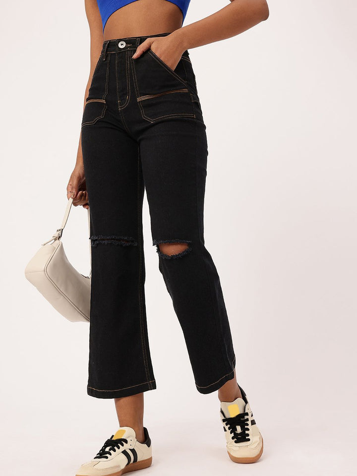 DressBerry Women Bold Grunge Slash Knee High Rise Cropped Jeans