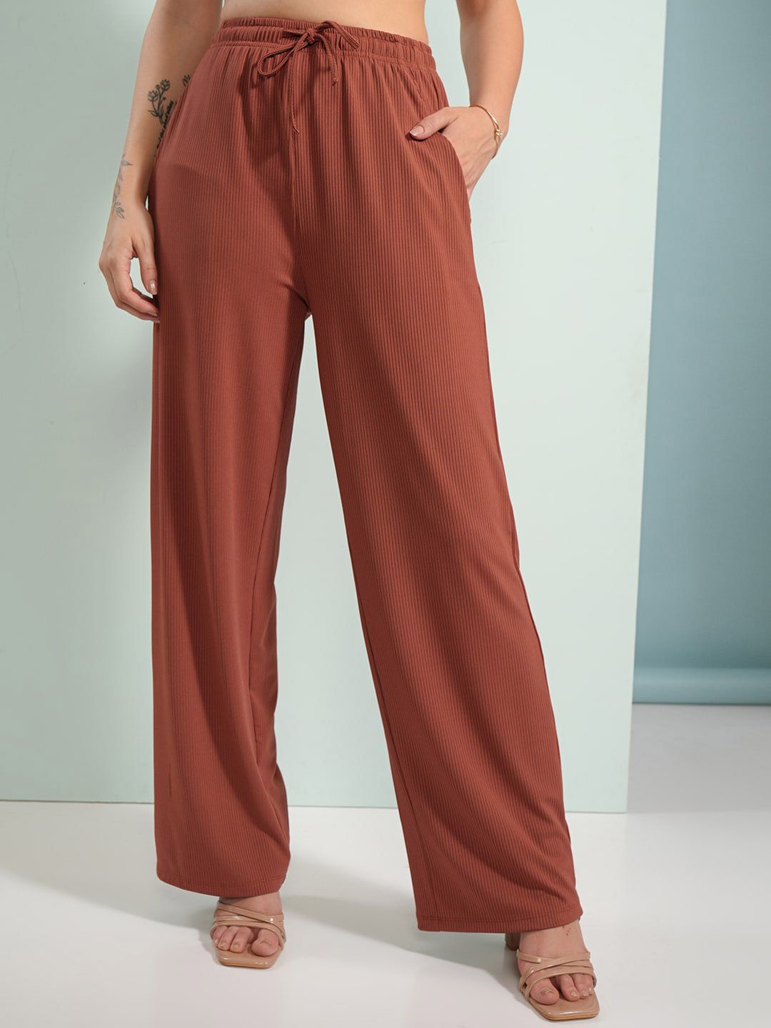 Tokyo Talkies Rust Shoulder Straps Camitop With Cardigan And Trouser
