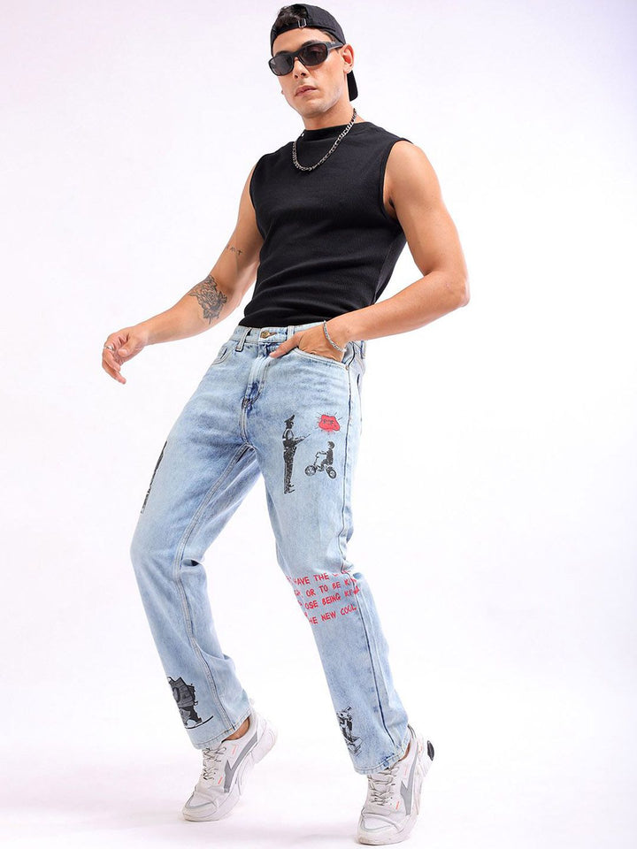 The Indian Garage Co Men Straight Fit Printed Clean Look Heavy Fade Pure Cotton Jeans