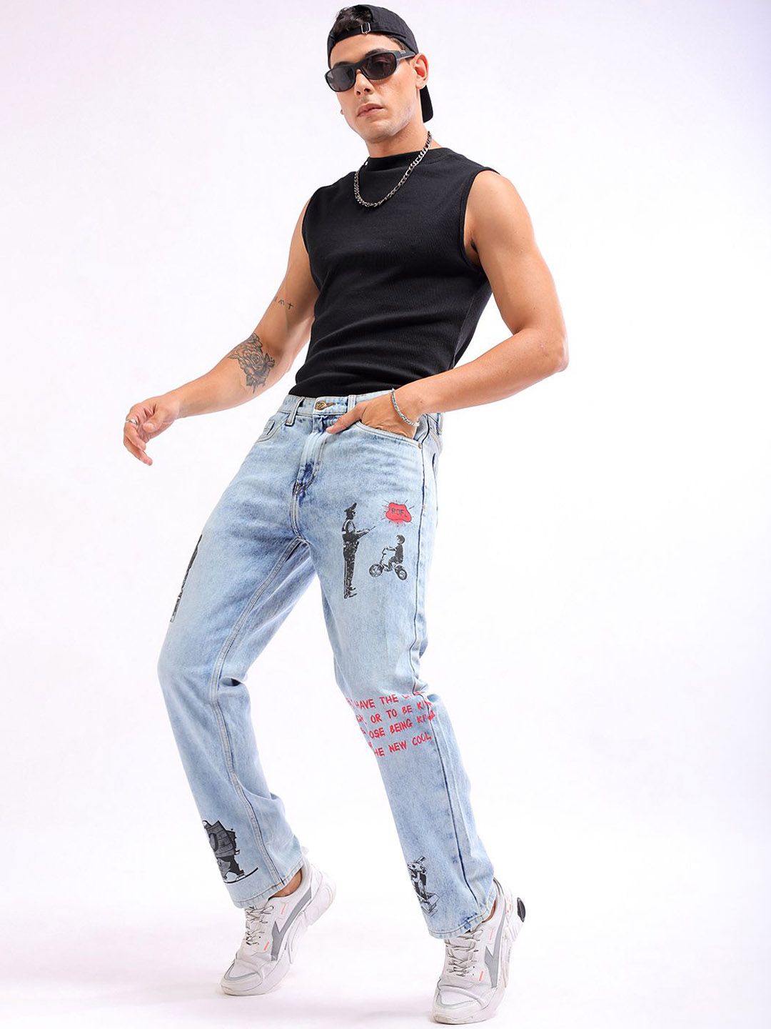 The Indian Garage Co Men Straight Fit Printed Clean Look Heavy Fade Pure Cotton Jeans