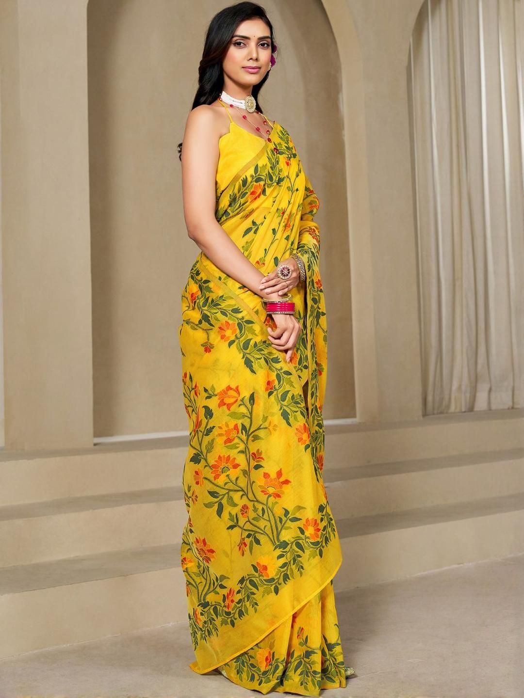 KALINI Yellow Pure Cotton Woven Design Sarees