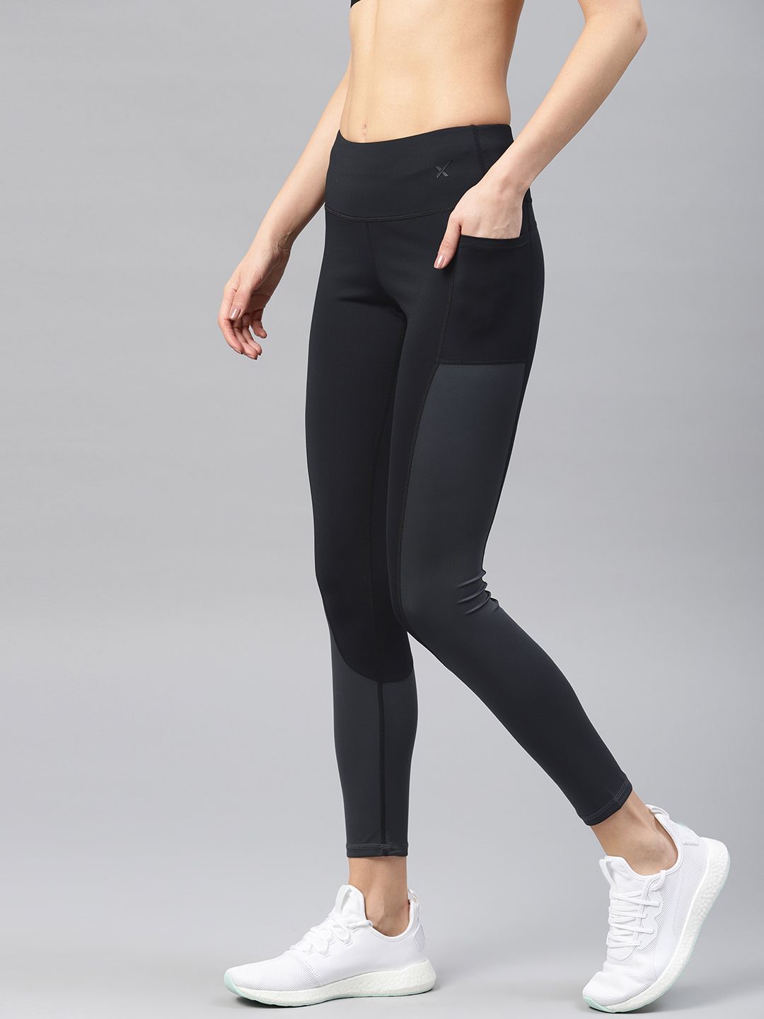 HRX by Hrithik Roshan Women Charcoal Grey & Black Colourblocked Rapid Dry Training Tights