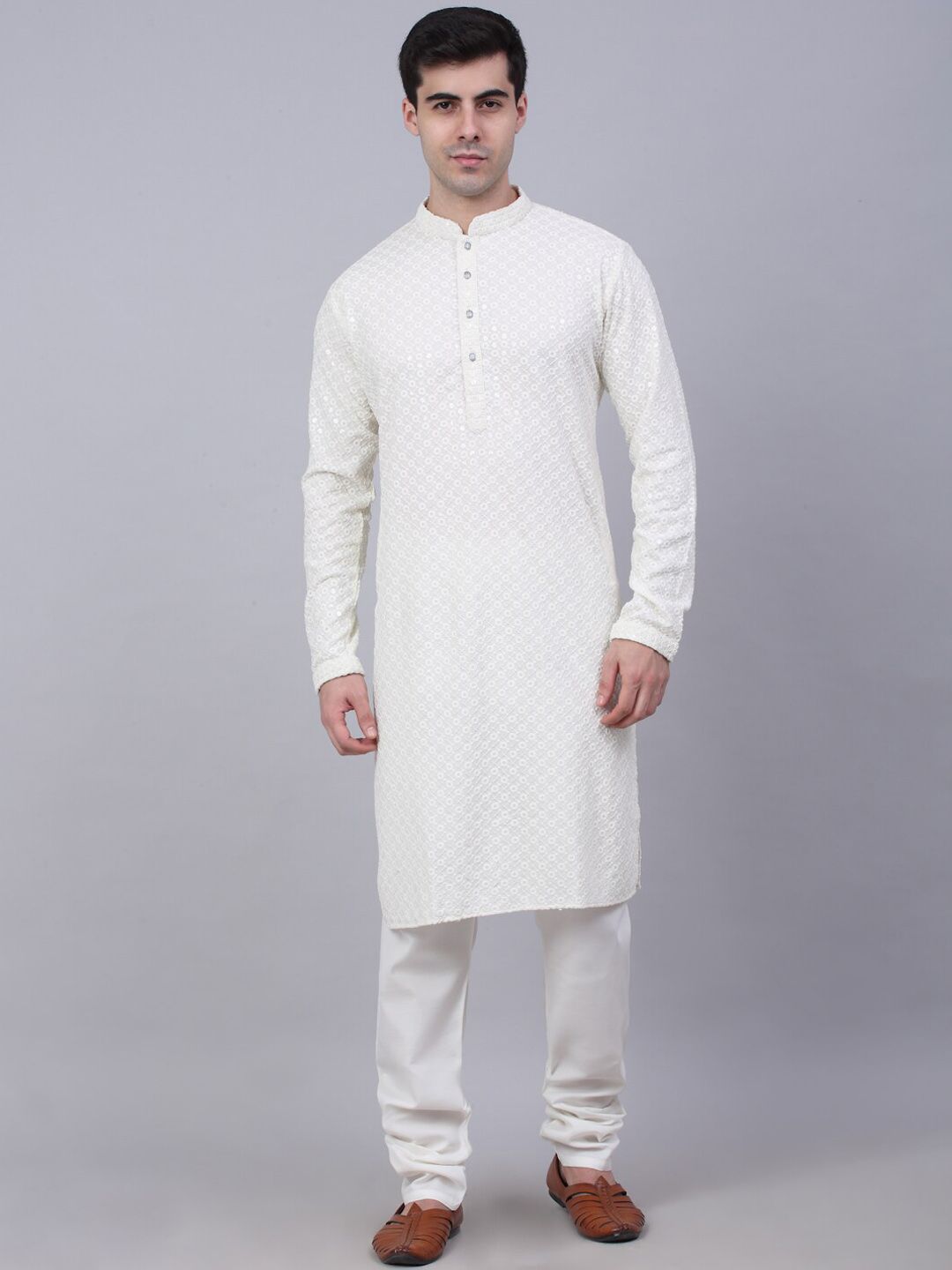 Jompers Men Floral Embroidered Sequinned Pure Cotton Kurta with Churidar