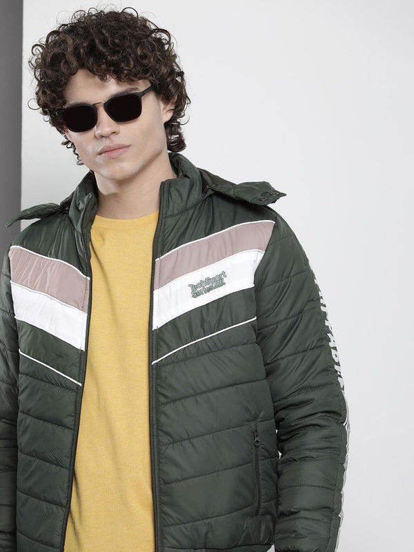 The Indian Garage Co Men Olive Green & White Striped Padded Jacket