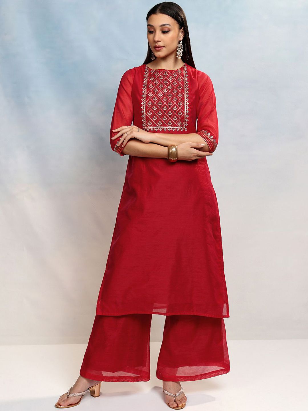 Vishudh Women Ethnic Motifs Embroidered Regular Thread Work Kurta with Palazzos