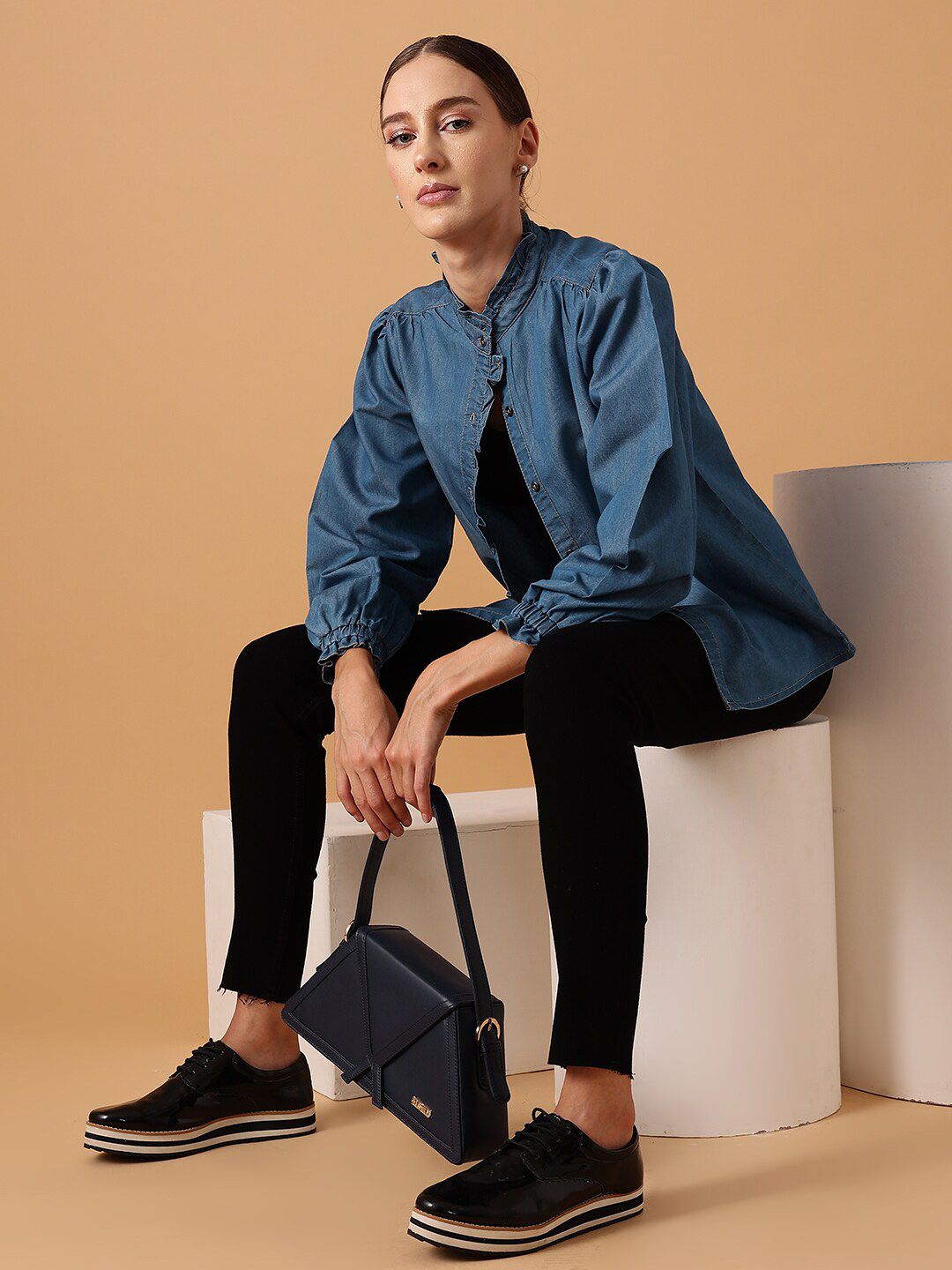 STREET 9 Comfort Mandarin Collar Puff Sleeves Pure Cotton Denim Casual Shirt