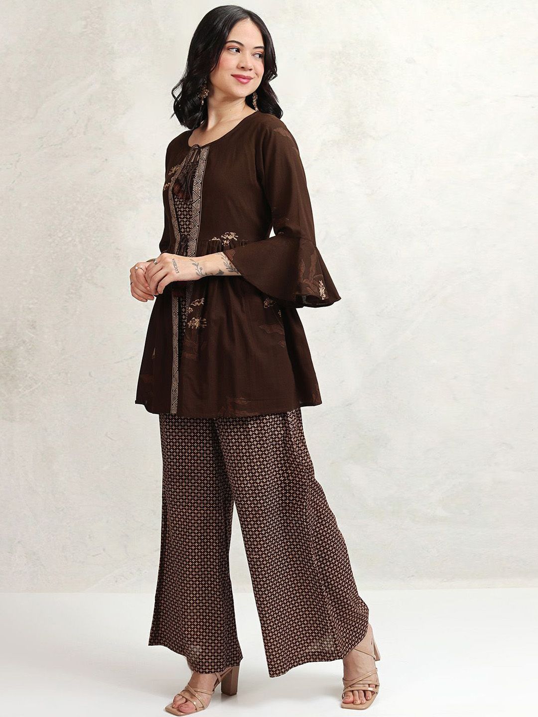 Vishudh Coffee Brown Printed Shoulder Straps Pure Cotton Top With Trouser And Jacket
