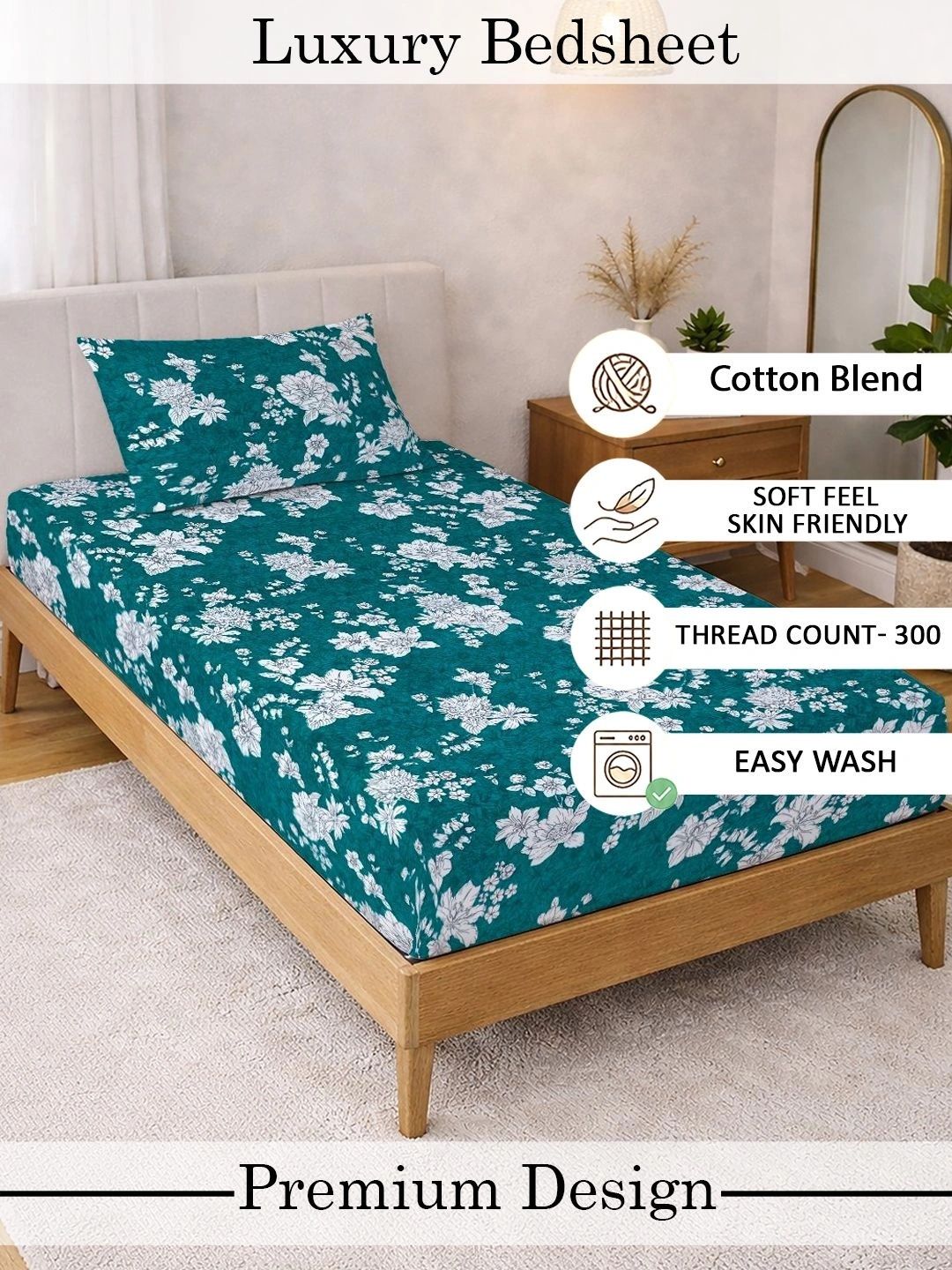 Myntra Elegant Homes Green & White Floral 300 TC Cadar Tempat Tidur Single dengan 1 Sarung Bantal