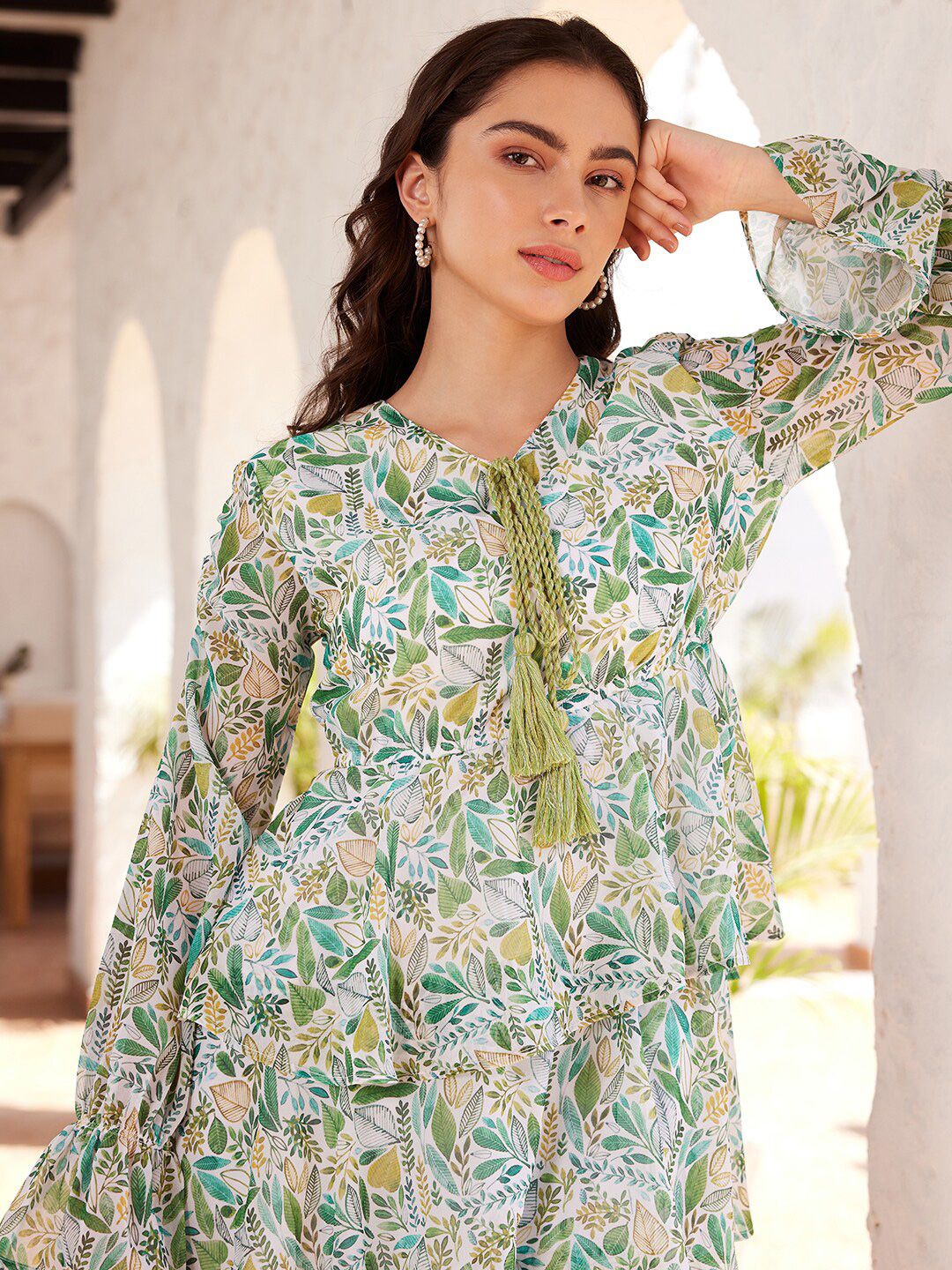 STREET 9 Tropical Printed Puffed Sleeves Layered Georgette A-Line Maxi Dress