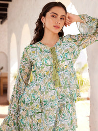 STREET 9 Tropical Printed Puffed Sleeves Layered Georgette A-Line Maxi Dress