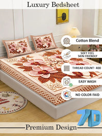 Moda Rapido X KLOTTHE Peach-Coloured & Brown Floral 400 TC King Bedsheet with 2 Pillow Covers