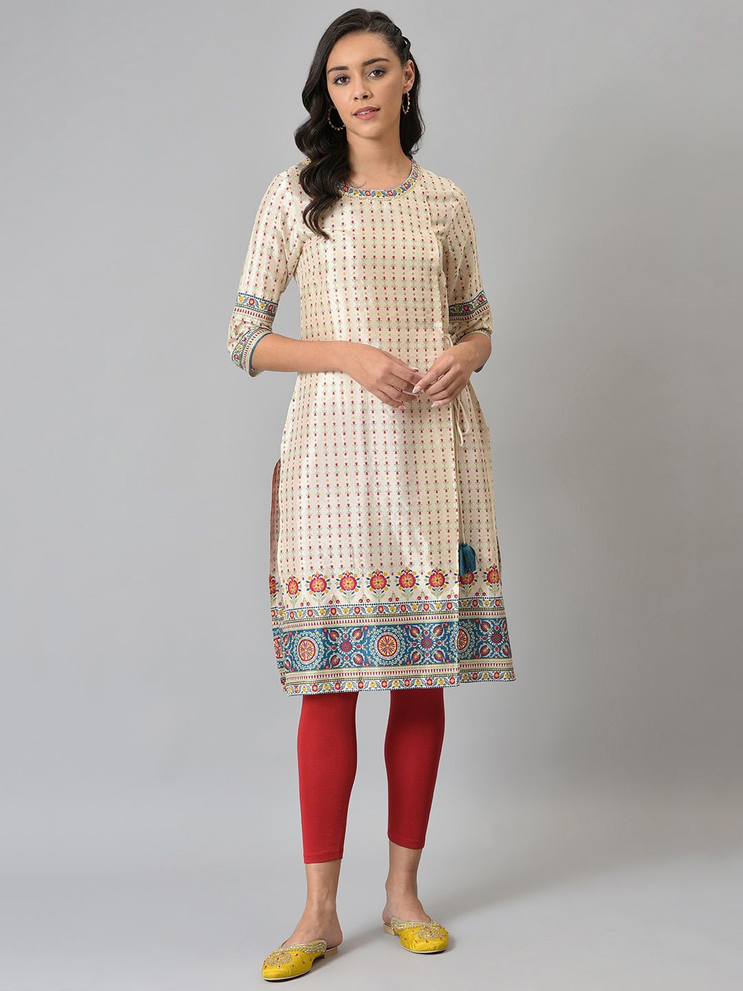W Women White Geometric Striped Handloom Kurta