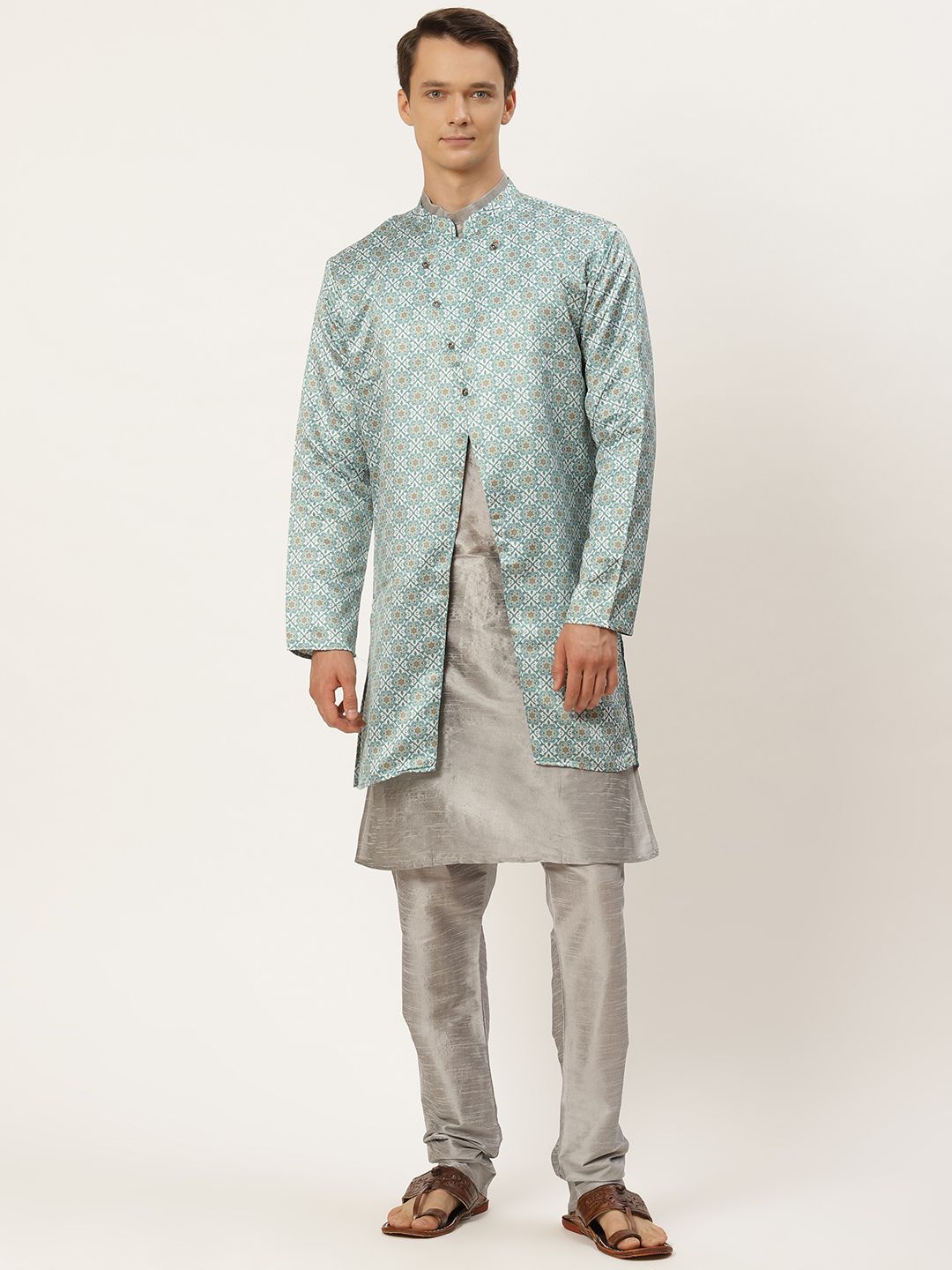 SOJANYA Kurta Lelaki Kelabu & Hijau dengan Churidar