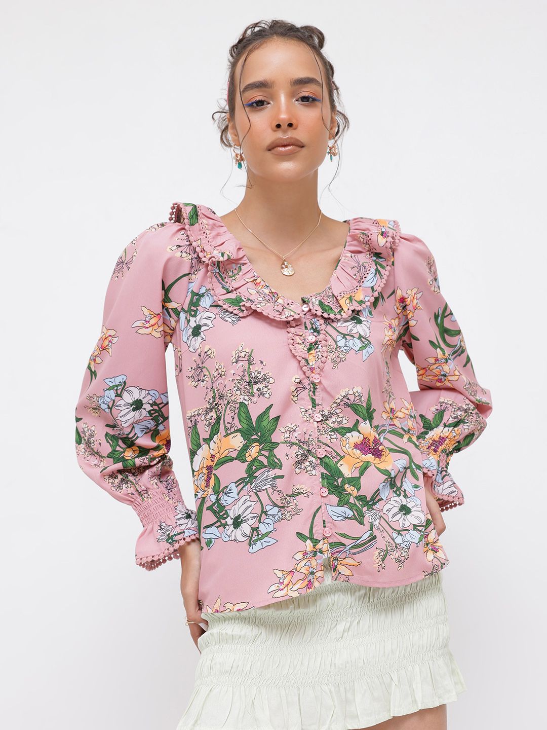 DressBerry Floral Trope Bishop Sleeve Shirt Style Top