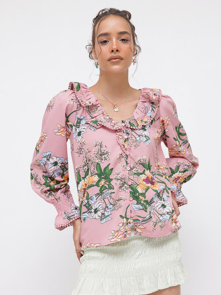 DressBerry Floral Trope Bishop Sleeve Shirt Style Top