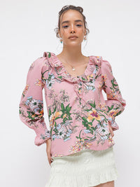 DressBerry Floral Trope Bishop Sleeve Shirt Style Top