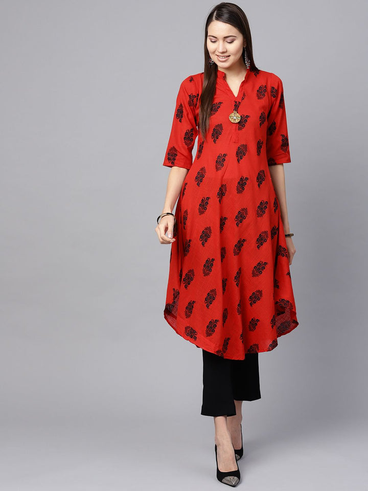 SOJANYA Kurta Bercetak A-Line Wanita Merah & Hitam