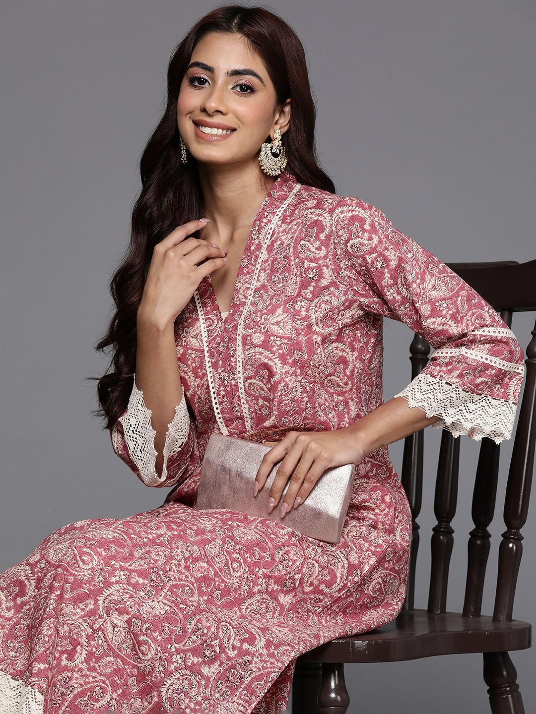 Varanga Peach Jaipuri Printed V Neck A line Pure Cotton Kurta