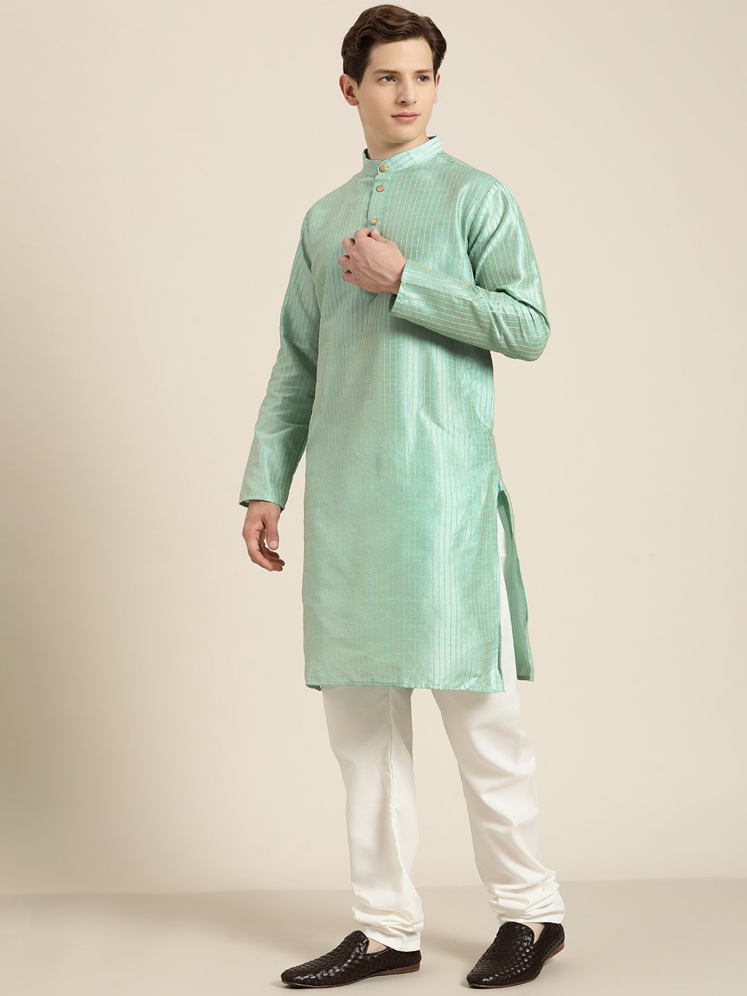 SOJANYA Lelaki Sea Green & Beige Thread Work Straight Kurta Churidar dengan Jaket Nehru