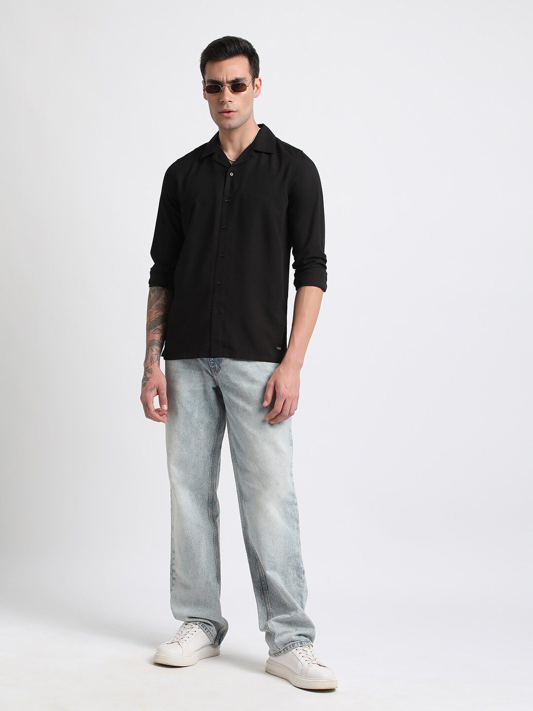THE BEAR HOUSE Slim Fit Cuban Collar Long Sleeve Casual Shirt
