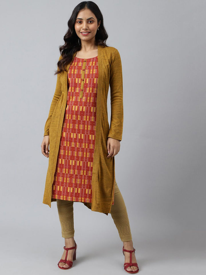 AURELIA Women Mustard Yellow & Red Printed Acrylic Straight Kurta
