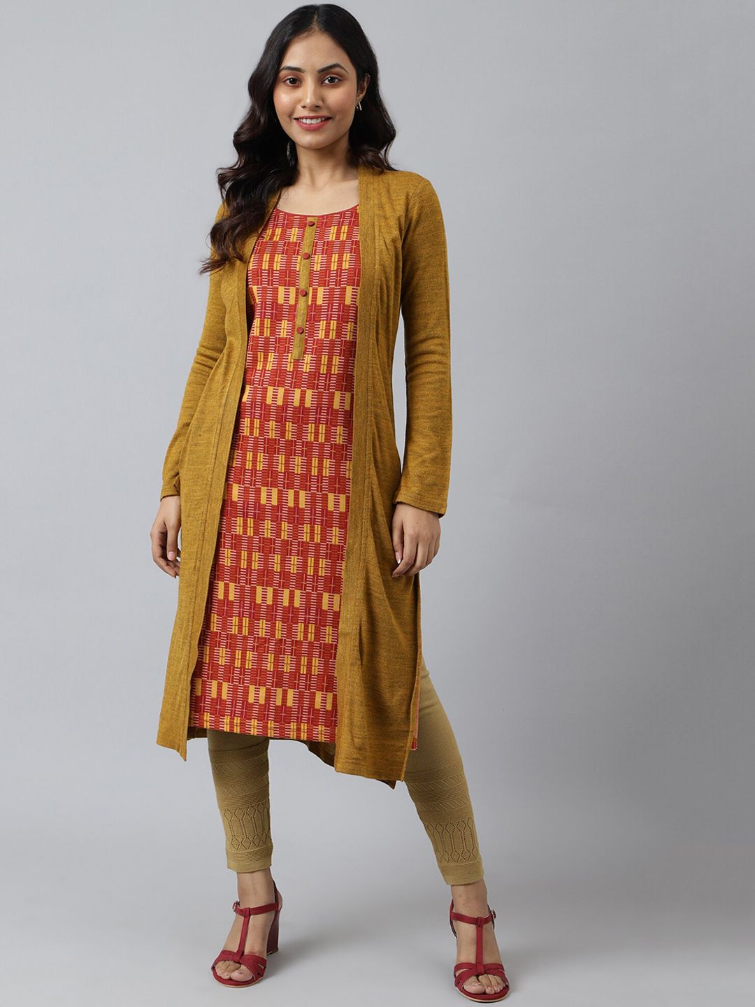 AURELIA Women Mustard Yellow & Red Printed Acrylic Straight Kurta