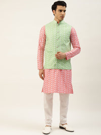 SOJANYA Kurta Kerja Benang Bersulam Merah Jambu & Putih dengan Jaket Churidar & Nehru