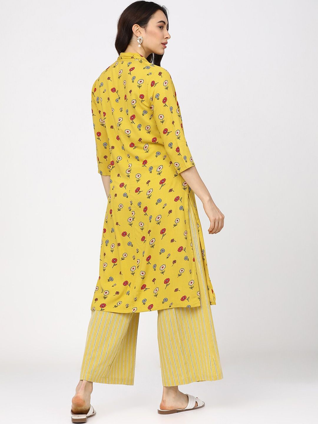Vishudh Women Yellow Striped Regular Top with Palazzos & Jacket