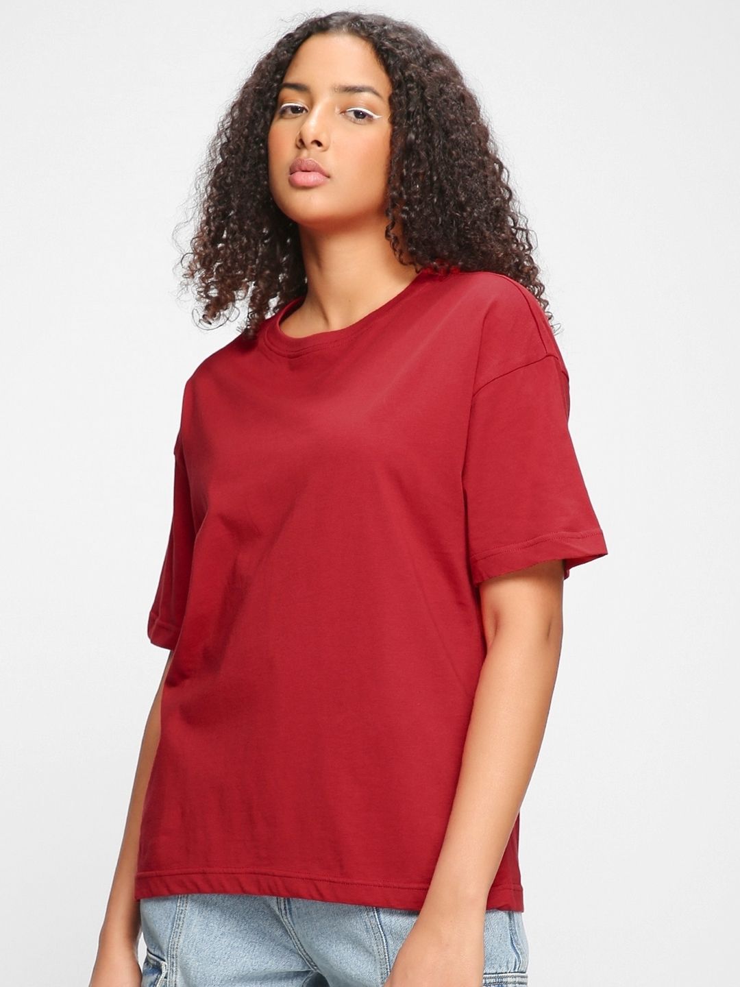 Bewakoof Women Red Cotton Drop-Shoulder Sleeves Oversized T-shirt