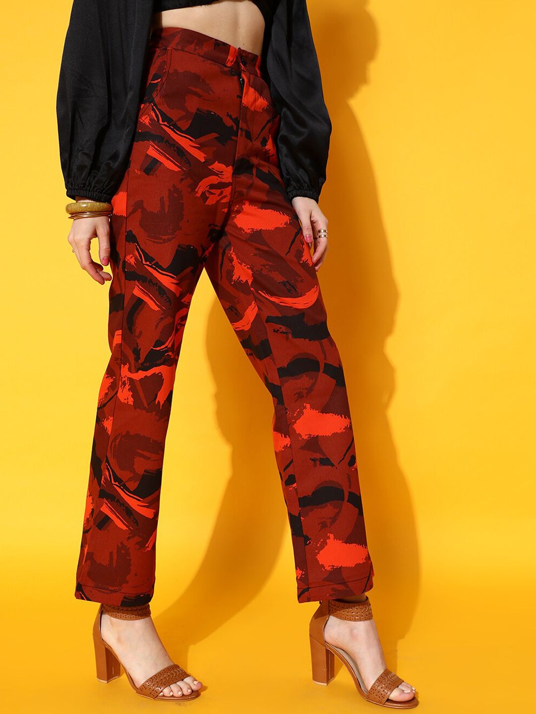 STREET 9 Women Red Smart Flared High-Rise Trousers