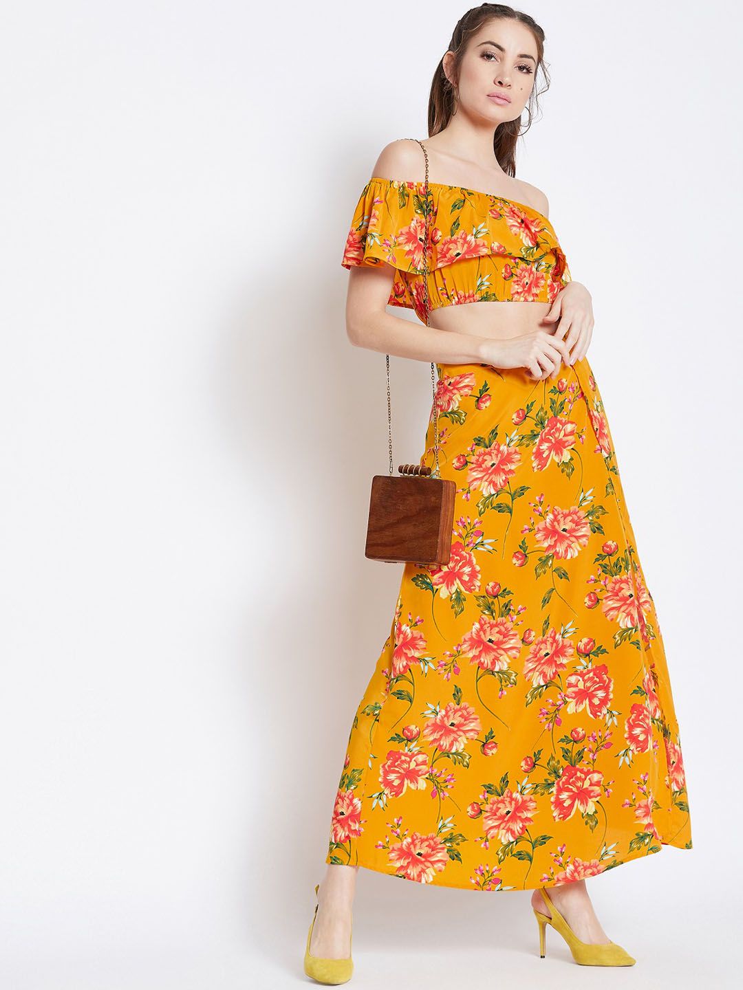 Berrylush Women Yellow & Red Floral Print Two-Piece Dress