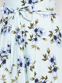 Berrylush Green & Blue Printed Flared Maxi Skirt
