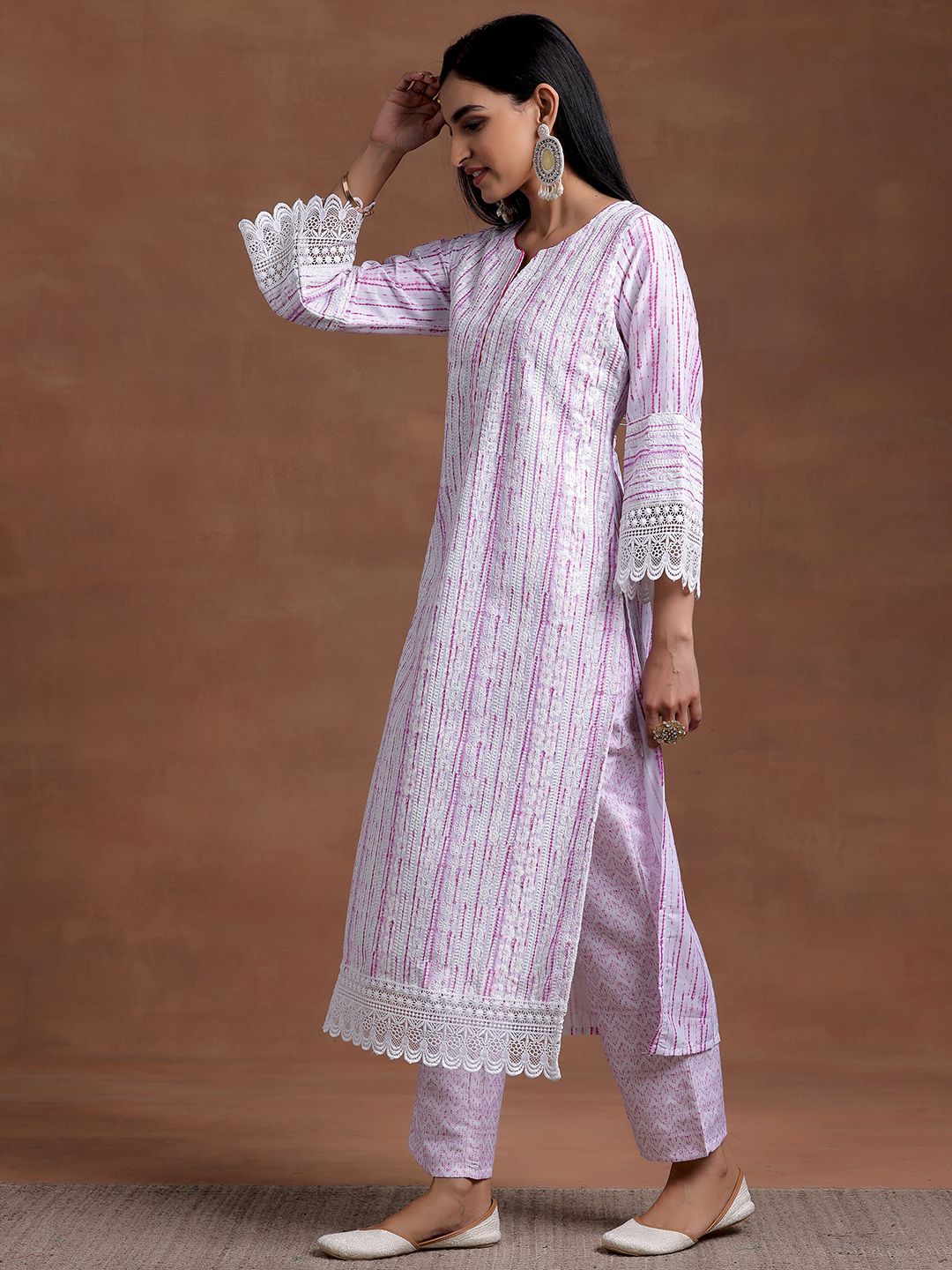 Libas Notched Neck Flared Sleeves Floral Embroidered Straight Kurta with Palazzo & Dupatta