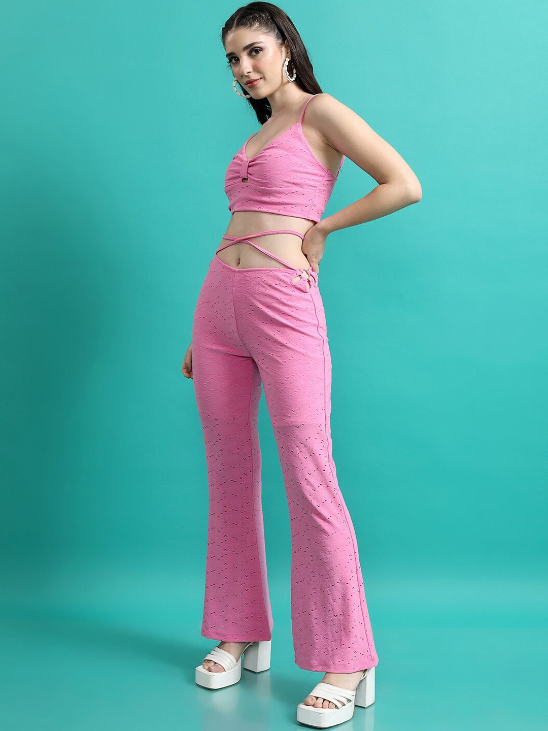 Tokyo Talkies Self Designed Shoulder Straps Crop Top With Trousers