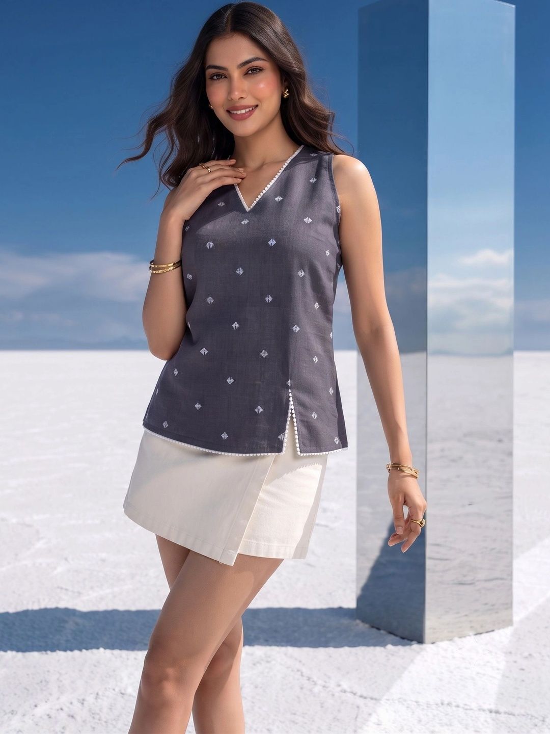 Mamicha Geometric Print Cotton Top