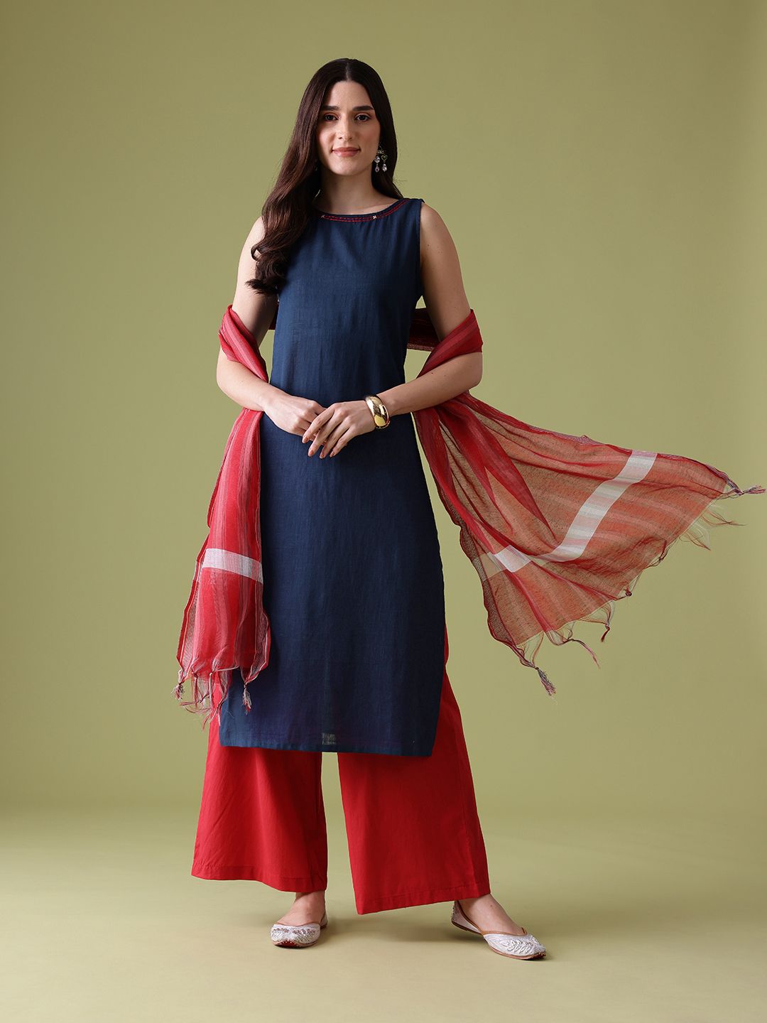 Anouk Sequinned Cotton Kurta with Palazzos & Dupatta