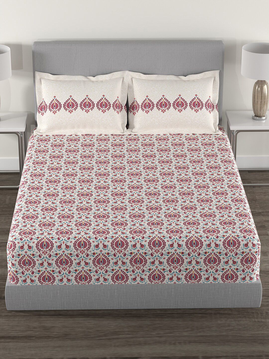 MYTRIDENT White  Red Ethnic Motifs 144 TC Cotton Queen Bedsheet With 2 Pillow Covers