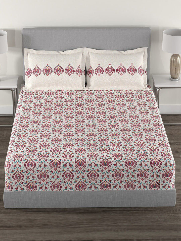 MYTRIDENT White  Red Ethnic Motifs 144 TC Cotton Queen Bedsheet With 2 Pillow Covers