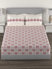 MYTRIDENT White  Red Ethnic Motifs 144 TC Cotton Queen Bedsheet With 2 Pillow Covers